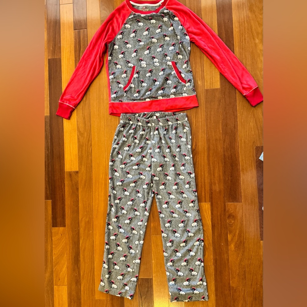 Juniors Red & Grey French Bulldog Christmas Print Pajama Set Top & Bottom Size M